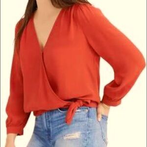 Madewell Red Orange Puff Sleeve Tie Front Blouse